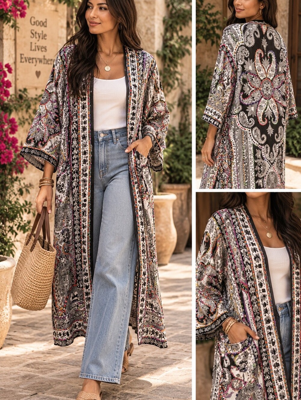 Raj Gray Paisley Maxi Kimono Dress with Pink Accents